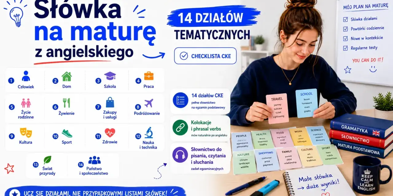 Materiały do nauki angielskiego na maturę: 14 działów tematycznych, kolokacje, phrasal verbs, słownictwo do pisania, czytania i słuchania. Angielski słowotwórstwo w praktyce.