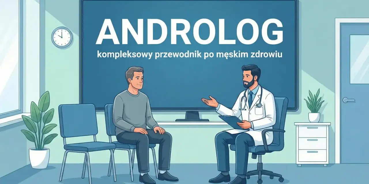 Lekarz androlog rozmawia z pacjentem w gabinecie. Na ekranie widnieje napis "ANDROLOG".