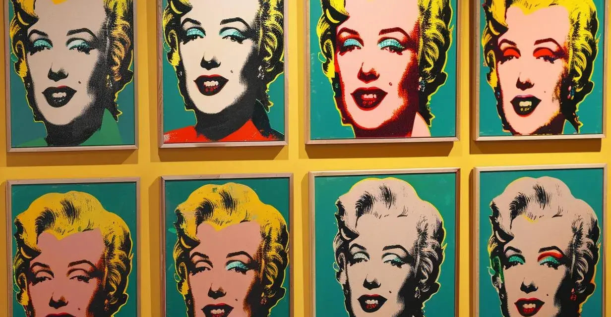 Osiem portretów Marilyn Monroe w stylu pop art Andy'ego Warhola, z różnymi kolorami tła i makijażu.