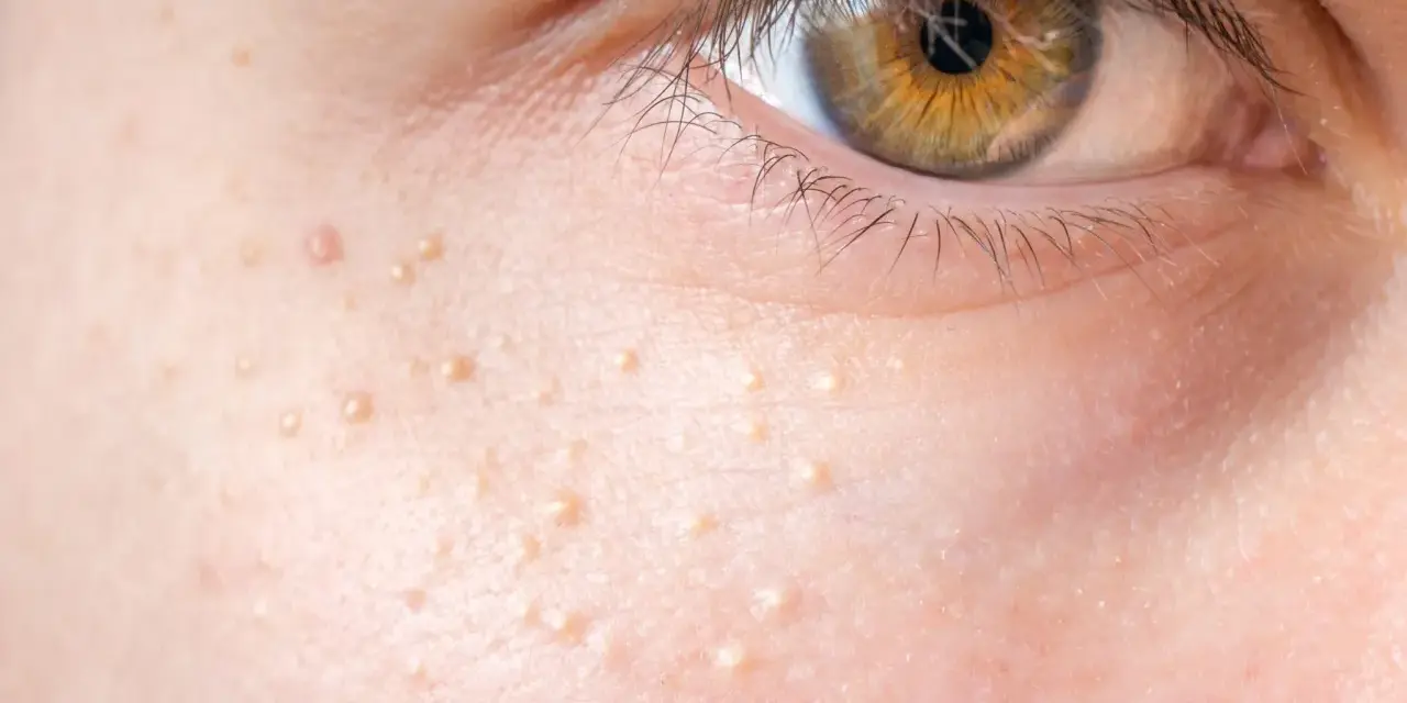 Nahaufnahme der Haut mit kleinen, hellen Erhebungen, die nicht komedogen sind. Das Auge ist im Hintergrund zu sehen.
