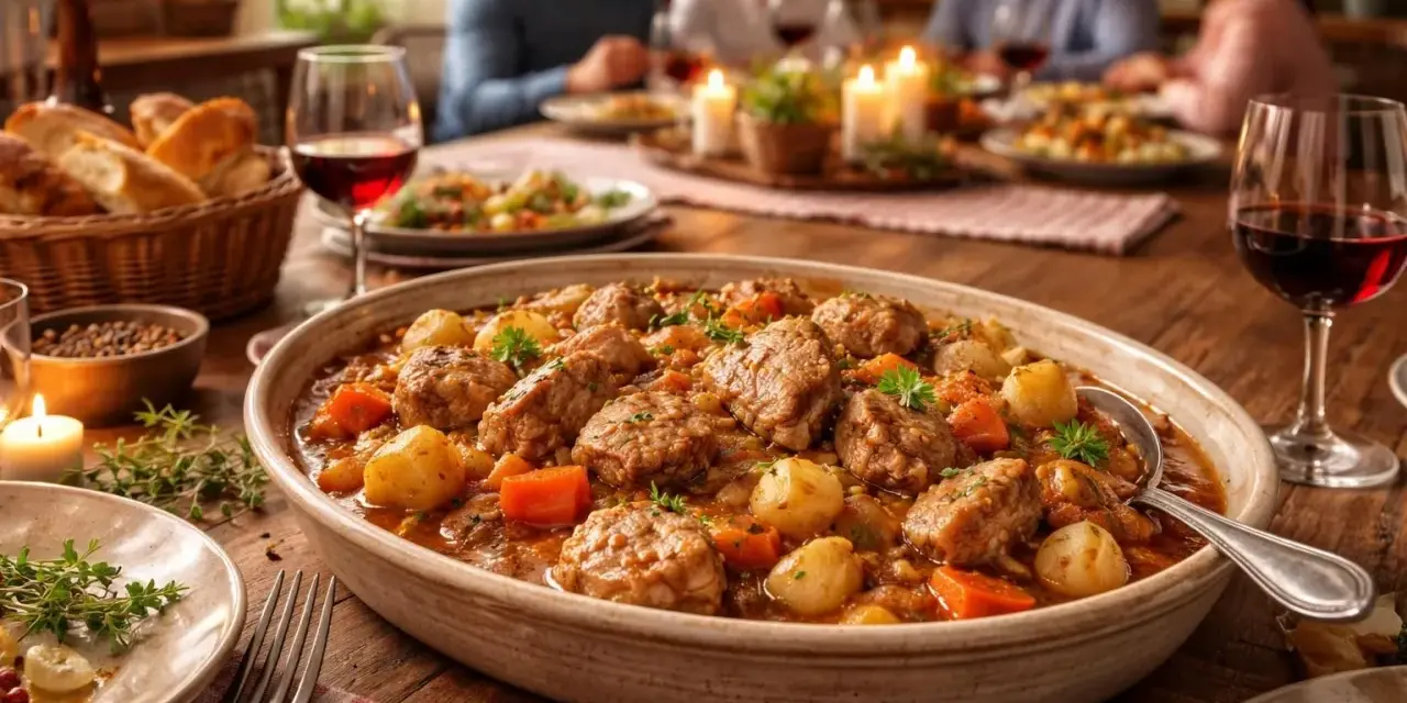 Un plat de ragout de porc mijoté avec des pommes de terre et des carottes, servi dans un plat ovale sur une table en bois, avec des convives en arrière-plan.
