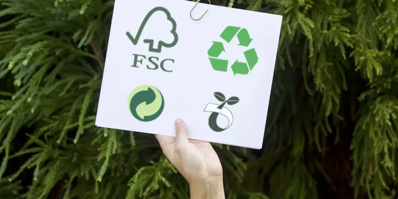 Dłoń trzyma kartkę z symbolami: FSC, recyklingu, zielonej kropki i kiełkującej rośliny. To symbol ekologii.