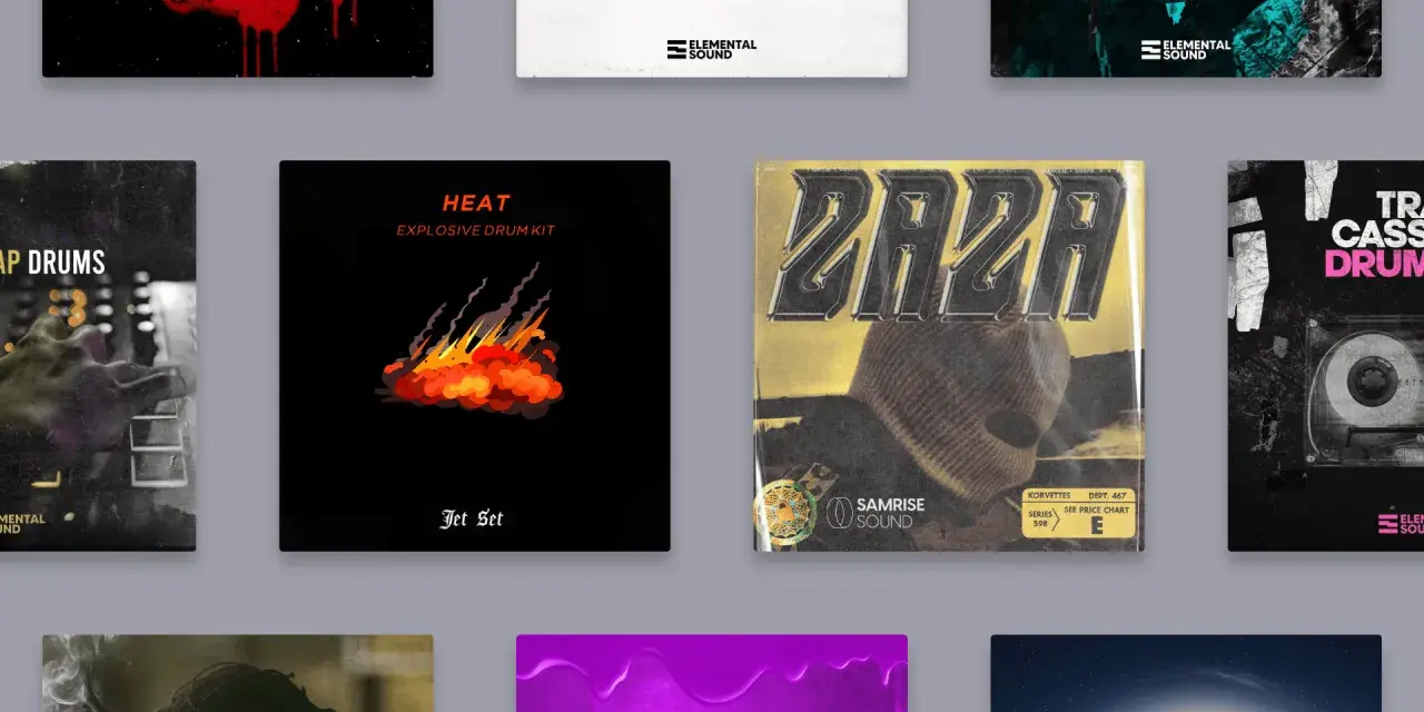 Płonący płomień na czarnym tle, obok napis "HEAT EXPLOSIVE DRUM KIT". To idealny trap drum kit dla każdego producenta.
