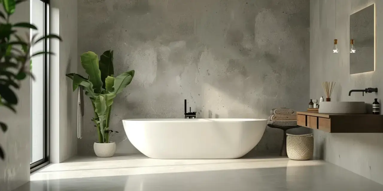 Bagni in resina idee: vasca freestanding bianca, piante verdi, lavabo in pietra e finiture in cemento per un look moderno e rilassante.