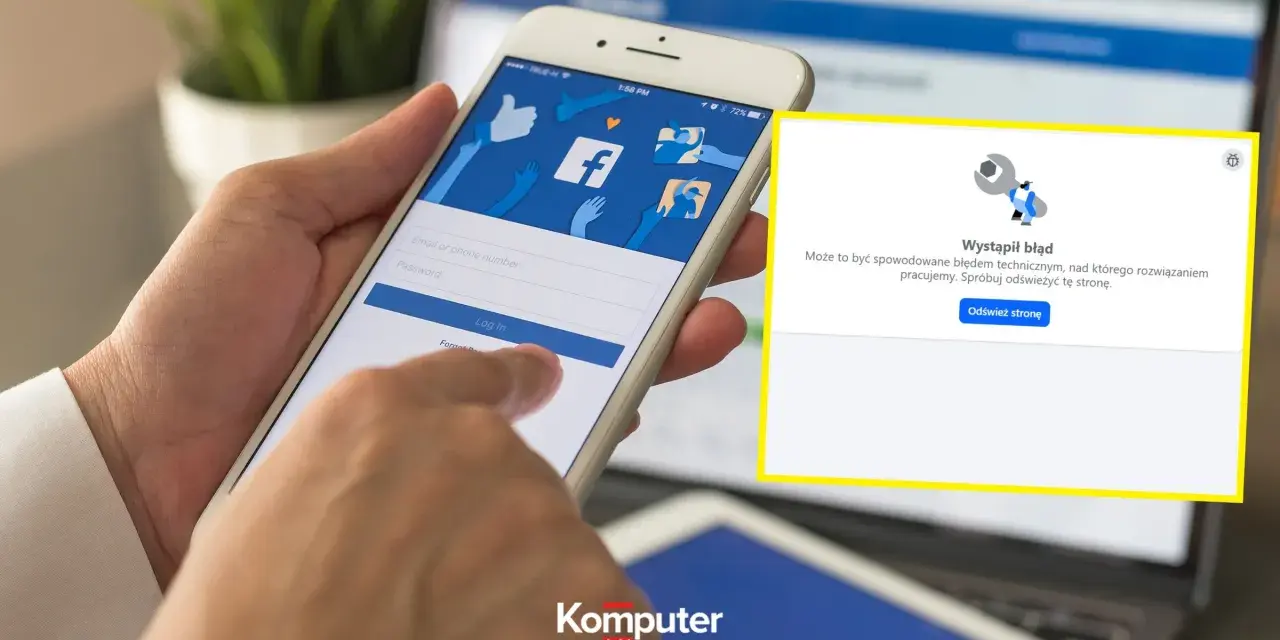 Facebook awaria dzisiaj. Na ekranie telefonu komunikat o błędzie technicznym.