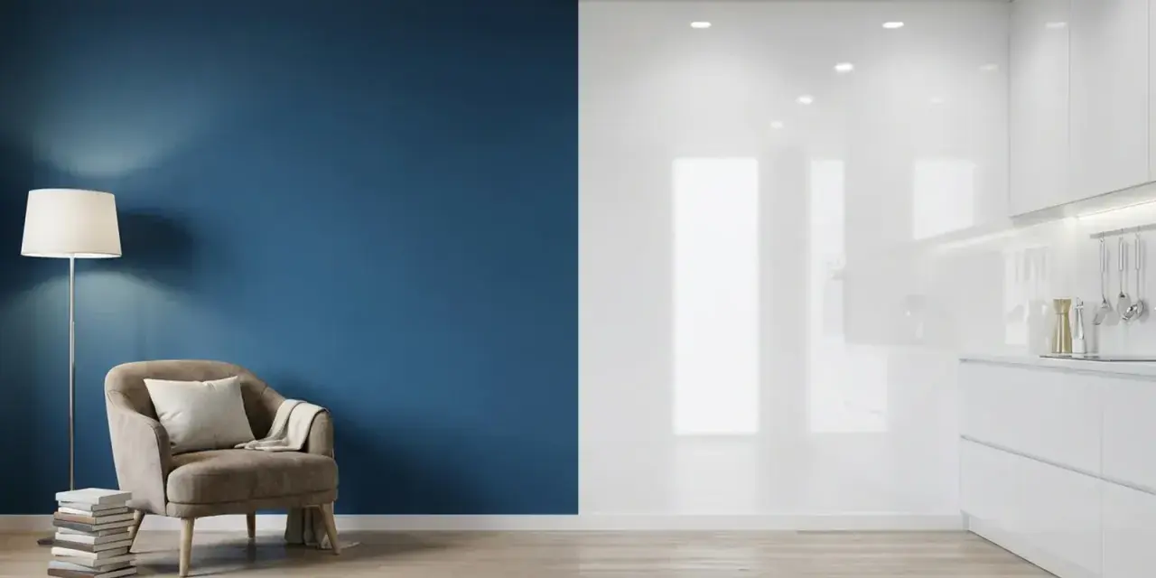 Un fauteuil confortable près d'un mur bleu mat, contrastant avec une cuisine blanche aux surfaces brillantes.