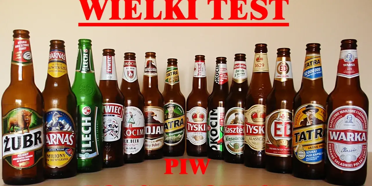 Rząd butelek piwa różnych marek, w tym Żubr, Lech, Tyskie, Tatra, Warka.