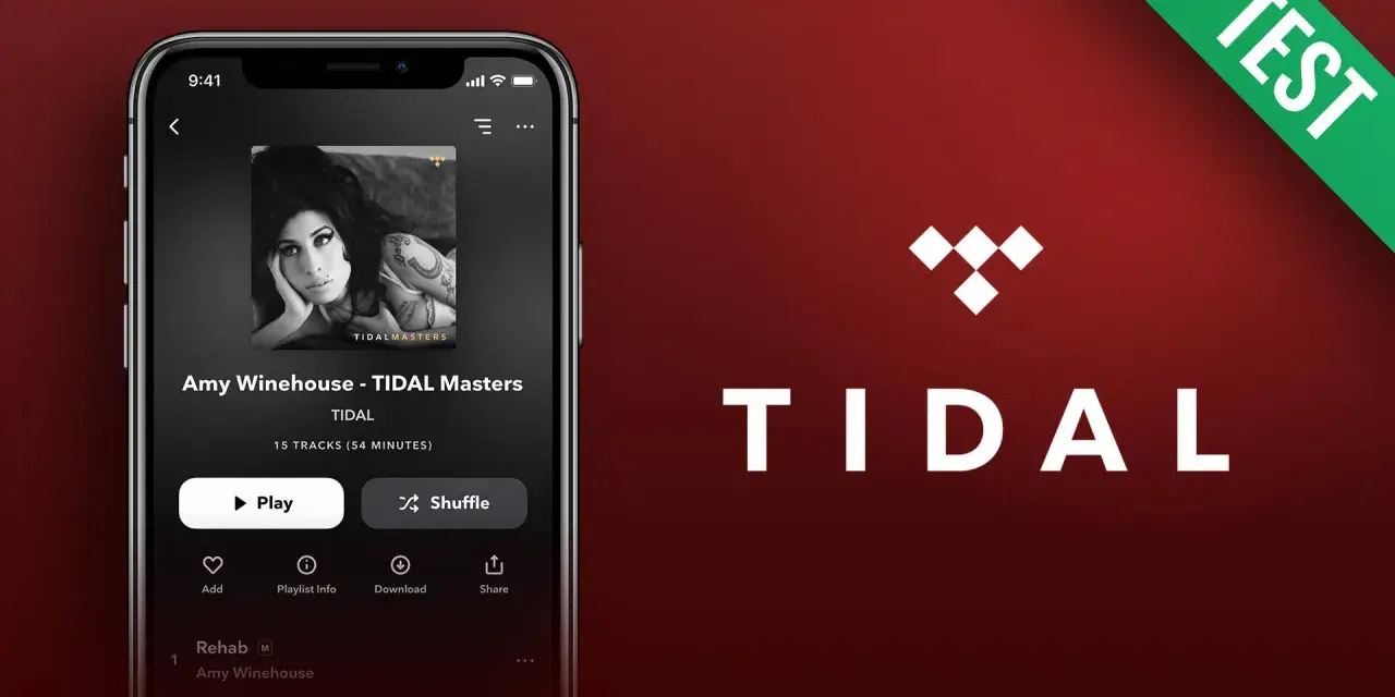 Amy Winehouse Album auf dem Smartphone mit der Tidal App. Die App zeigt "Amy Winehouse - TIDAL Masters" an, bereit zum Abspielen.