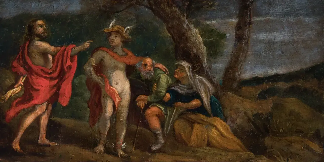 Un hombre con túnica roja señala a Mercurio, quien se dirige a una pareja de ancianos. Curiosidades del Renacimiento.