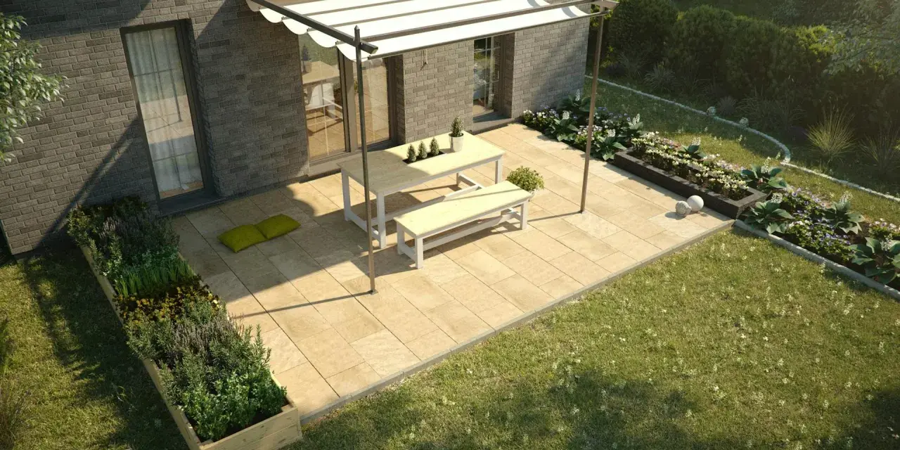 Moderne garten terrasse ideen: helle Steinplatten, Pergola mit Sonnensegel, Holztisch mit Bänken, grüne Beete und Rasen.