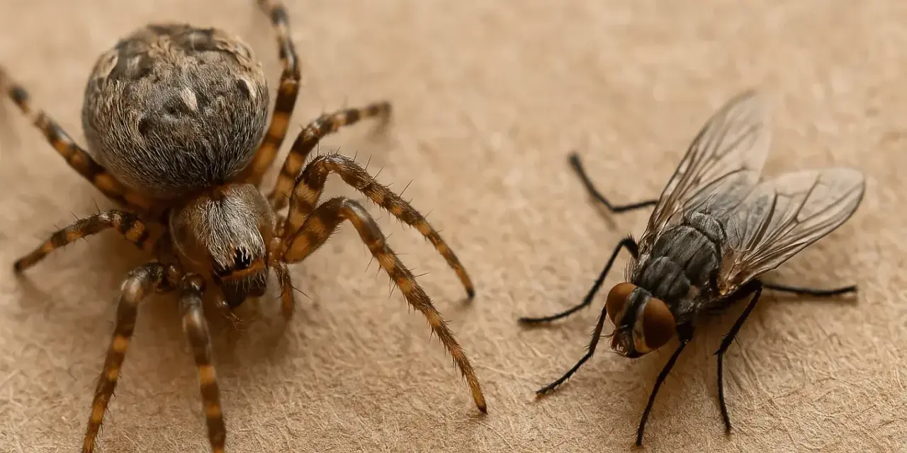 Eine Spinne und eine Fliege auf braunem Untergrund. Viele Leute denken, dass spinnen insekten sind, aber das stimmt nicht.
