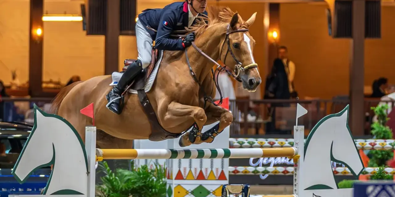 Cavalier et cheval en plein saut d'obstacles, une scène digne de dubai du cedre.