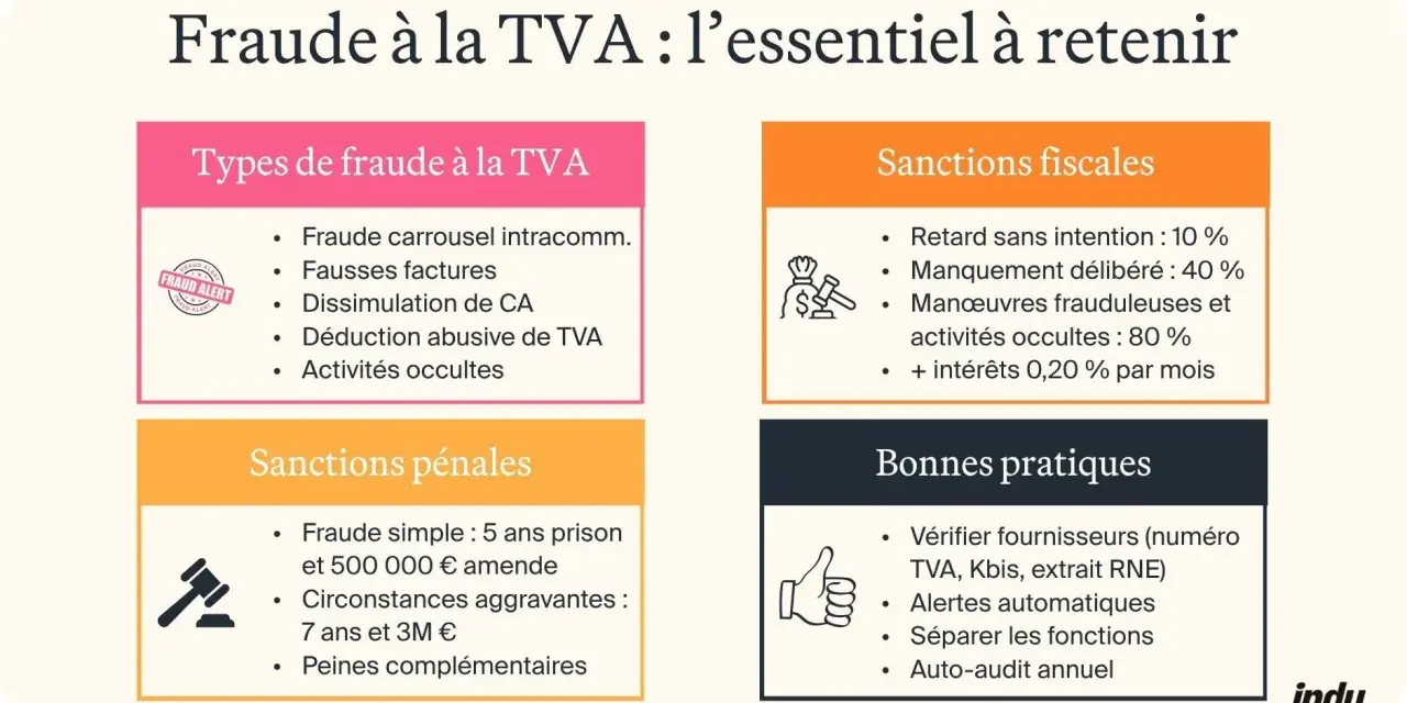 Les différents types de fraudes à la TVA incluent les fausses factures, la dissimulation de CA et les activités occultes. L'image détaille aussi les sanctions fiscales et pénales, ainsi que les bonnes pratiques pour éviter ces fraudes.