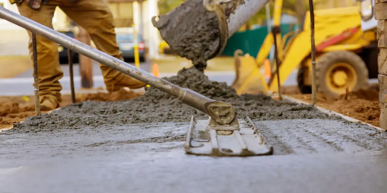 Pracownik rozprowadza świeży beton c12/15 za pomocą łaty. W tle widać koparkę i plac budowy.