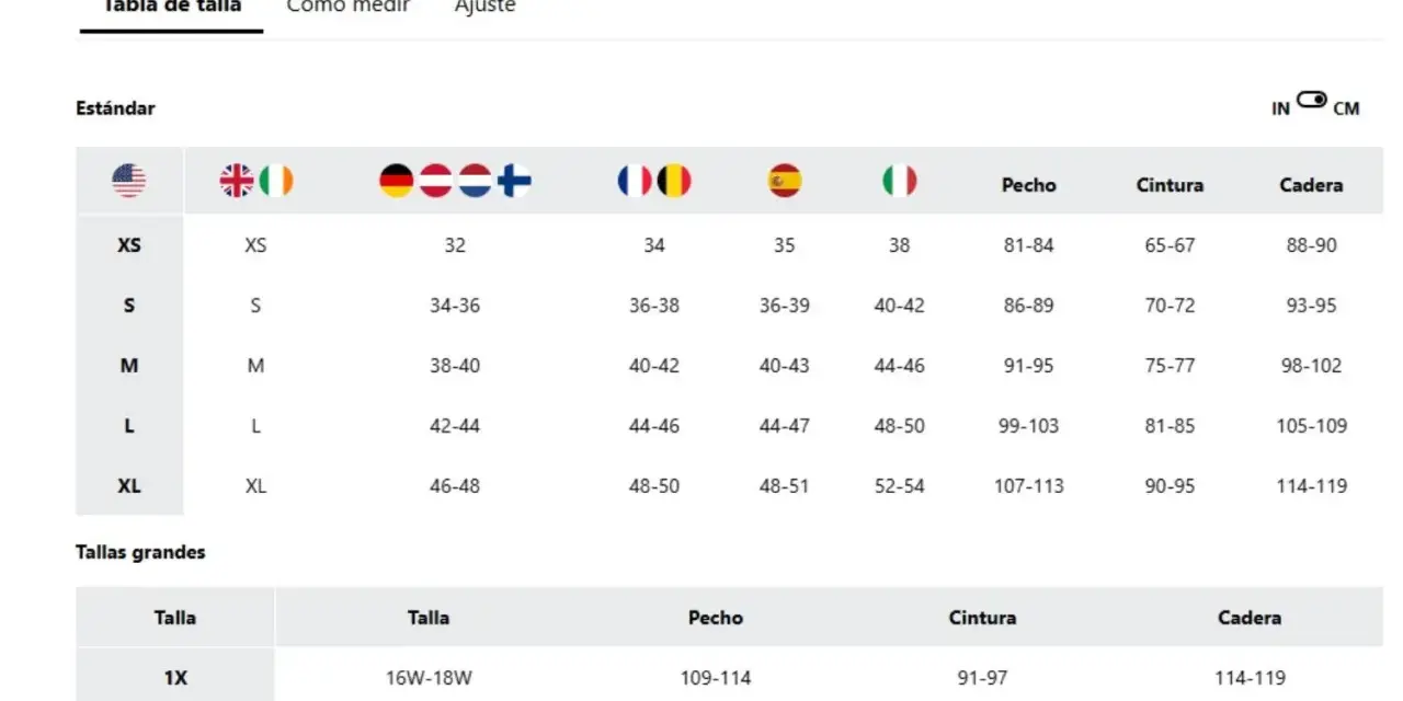 Tabla de tallas para mujer. La talla más pequeña en la sección "Estándar" es XS, que corresponde a medidas de pecho 81-84 cm.