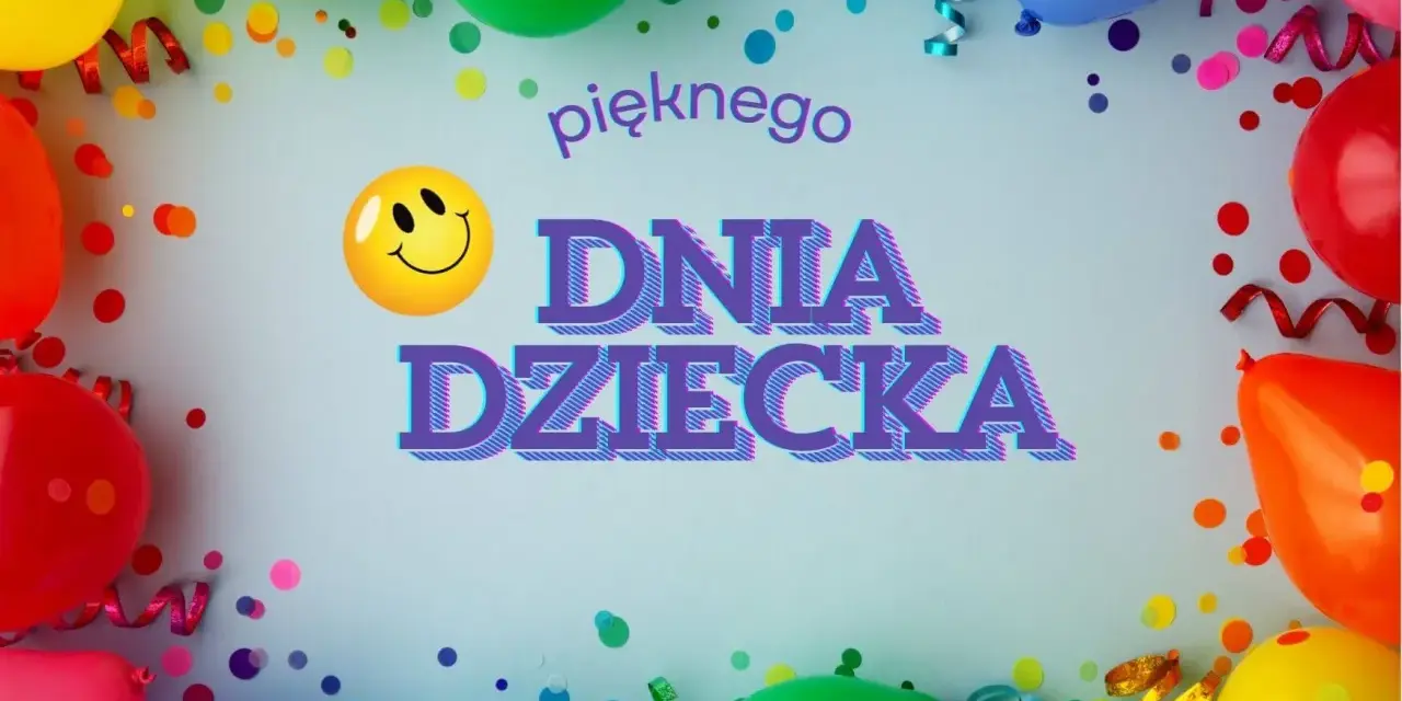 Kolorowe balony i konfetti tworzą radosną oprawę dla śmiesznych życzeń na Dzień Dziecka. Uśmiechnięta buźka i napis "Pięknego Dnia Dziecka" zapraszają do zabawy.