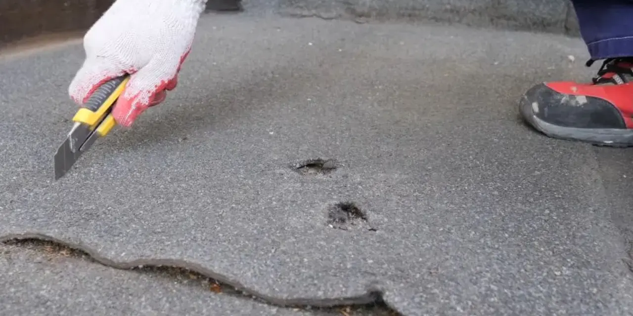 Ręka w rękawicy tnie nożem papę na dachu, przygotowując do naprawy. Widoczne uszkodzenia i pęknięcia.