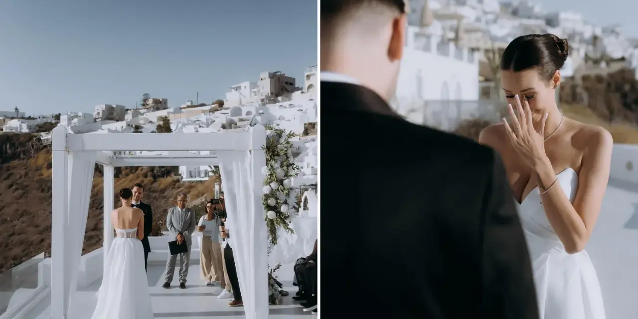 Wzruszona panna młoda podczas szybkiego ślubu cywilnego na Santorini. W tle białe domy i błękitne niebo.
