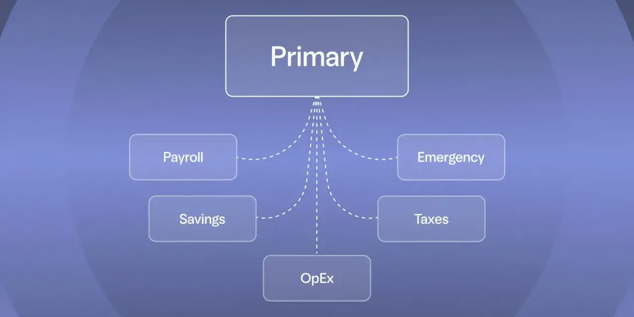 Diagram showing a "Primary" account connected to multiple business checking accounts: Payroll, Savings, OpEx, Emergency, and Taxes.