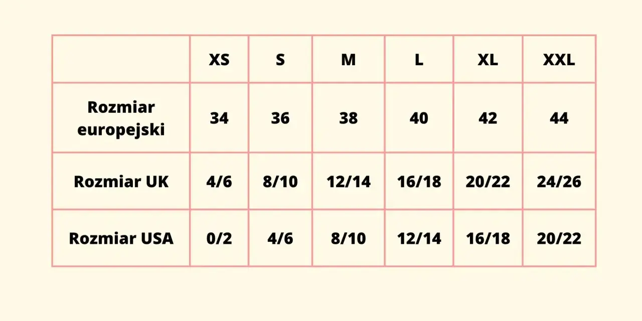 Tabela rozmiarów: europejski 38, UK 12/14, USA 8/10. Jaki to rozmiar 12? To M w Europie.