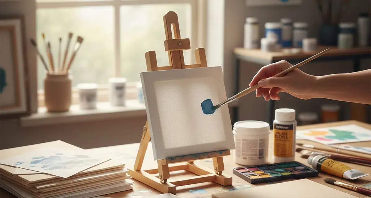 Une main tient un pinceau chargé de peinture bleue, prêt à toucher une toile vierge sur un chevalet. L'atelier est baigné de lumière naturelle.