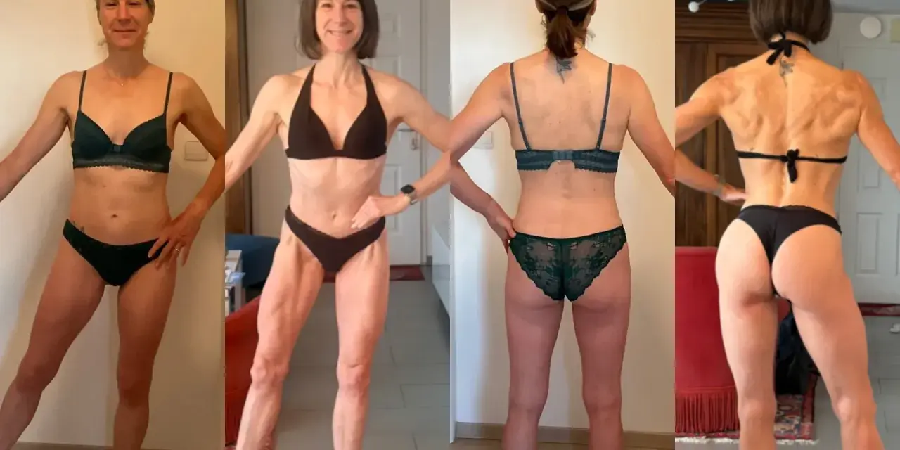 Femme musclée, 50 ans, en lingerie. Elle montre sa silhouette athlétique sous différents angles, fière de ses progrès.