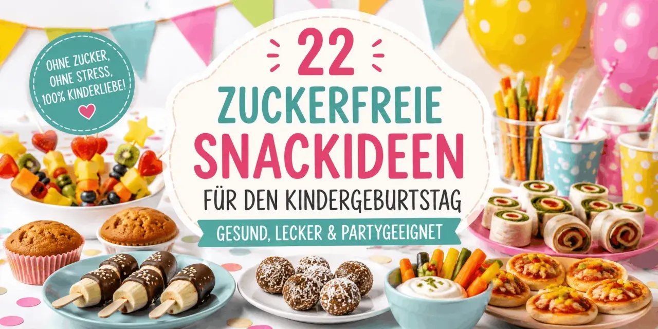 Bunte Deko, Luftballons und leckere, zuckerfreie Snackideen für den Kindergeburtstag: Obstspieße, Muffins, Bananen-Pops und Gemüsesticks mit Dip.