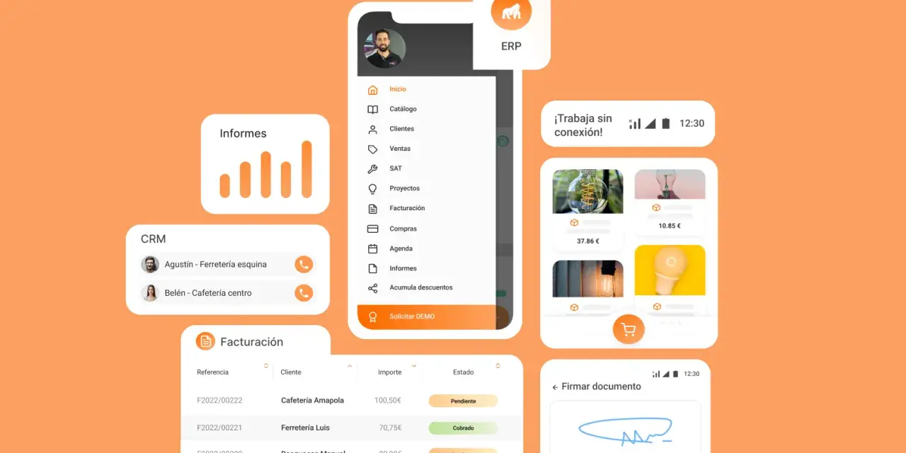 Interfaz de un programa para hacer presupuestos y facturas gratis, con módulos de informes, CRM y facturación.