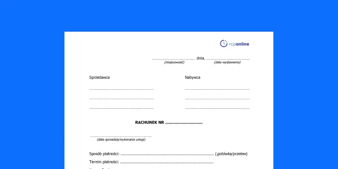 Wzór rachunku do umowy zlecenia. Dokument zawiera pola na dane sprzedawcy, nabywcy, numer rachunku, datę sprzedaży, sposób i termin płatności.