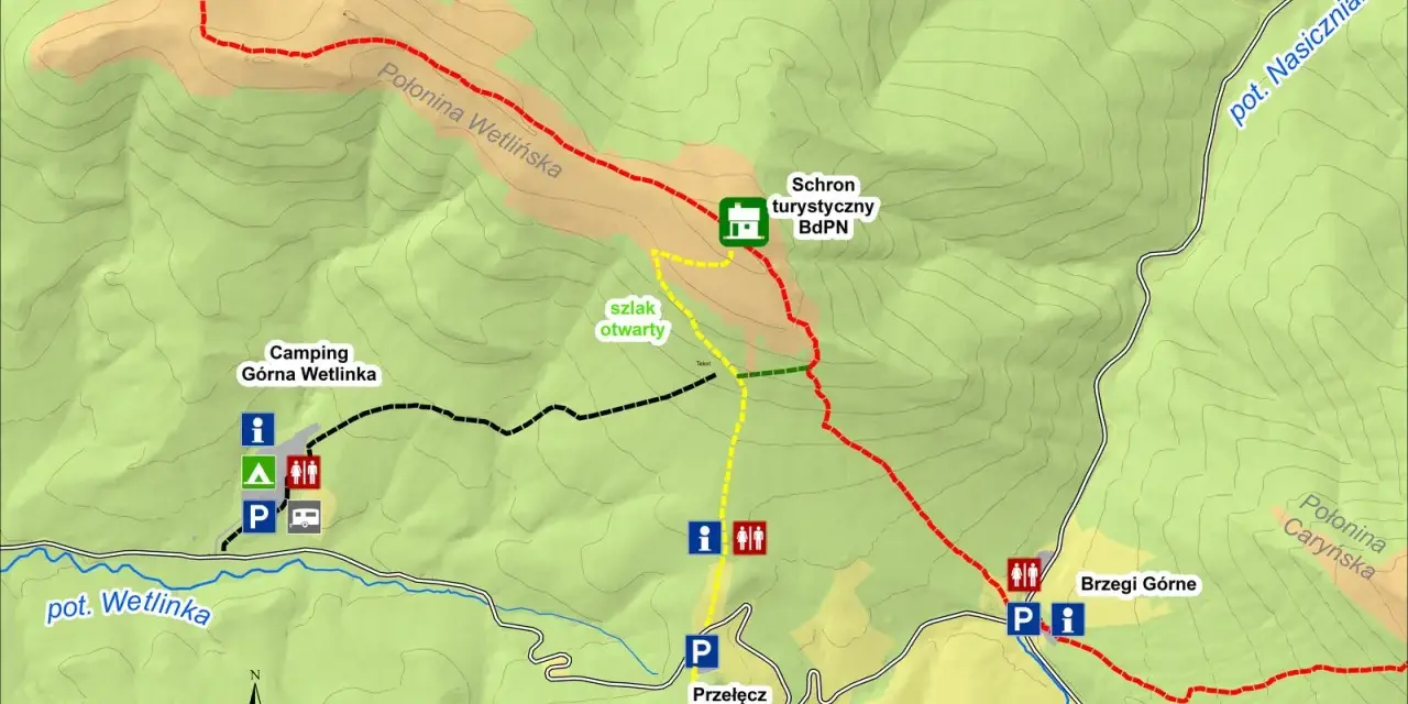 Mapa turystyczna z zaznaczonymi szlakami, schroniskiem, campingiem i Przełęczą Wyżniańską.