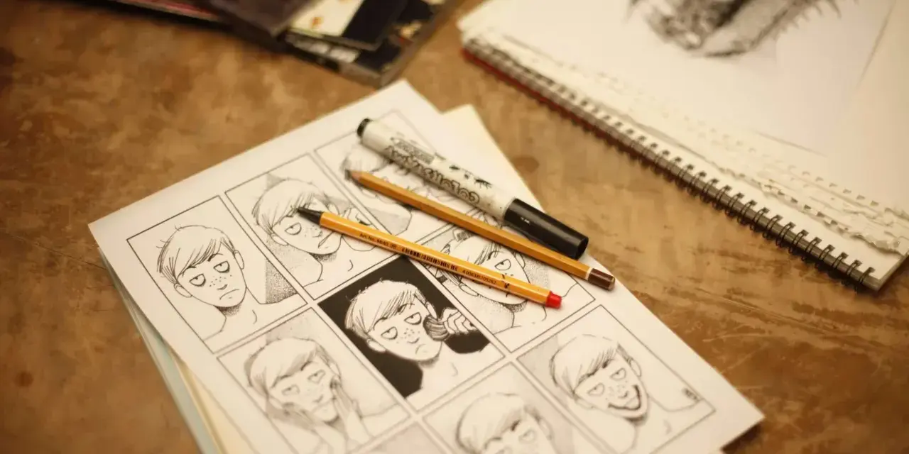 Panel komiksowy z różnymi wyrazami twarzy, narysowany jedną kreską. Obok leżą ołówki i marker.