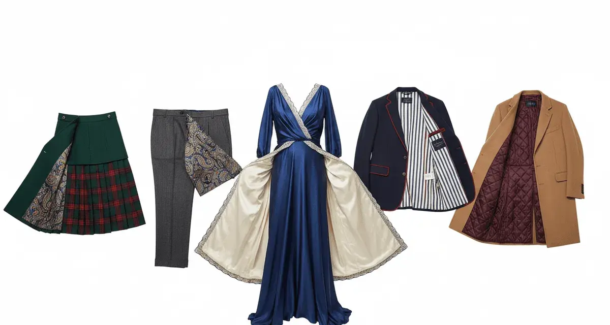 Jupe écossaise, pantalon, robe bleue satinée, blazer et manteau camel. Les doublures révèlent des motifs paisley et rayés, un choix de quel tissu pour doublure qui fait toute la différence.
