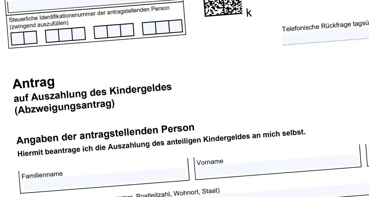 Antrag auf Auszahlung des Kindergeldes. Formular für den Abzweigungsantrag, relevant für den kinderfreibetrag 0, 5 oder 1.