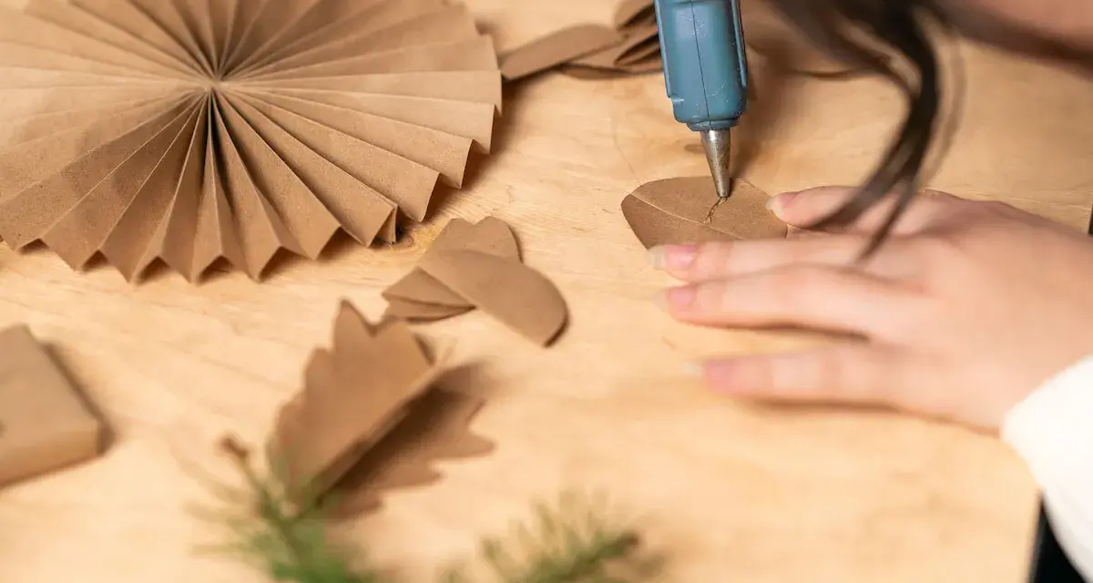 Manos creando manualidades con cartón para adultos. Se usa una pistola de silicona para pegar piezas de cartón, formando adornos.