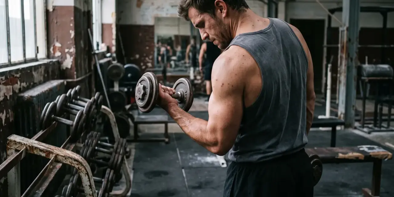 Homme concentré faisant un exercice biceps haltère dans une salle de sport rustique.