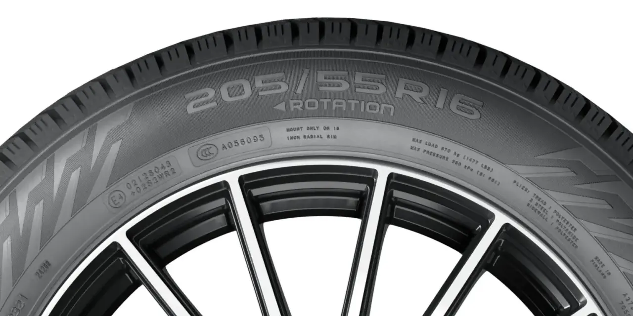 Pneumatico auto con indicazione della dimensione 205/55 R16, montato su un cerchio sportivo.