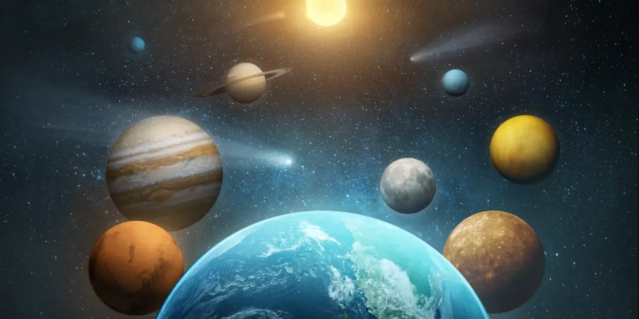 Jowisz w raku, otoczony innymi planetami i kometami, na tle gwieździstego nieba.