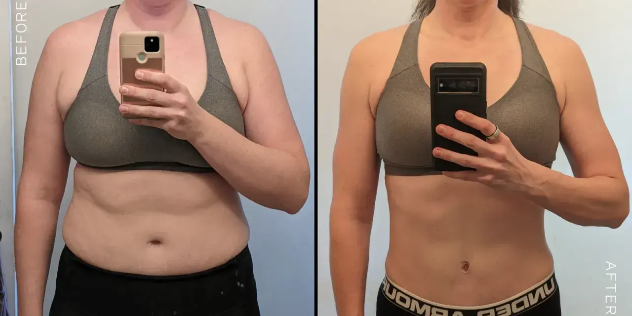 Before and after transformation: a person's body before and after using a stationary bike for fitness.