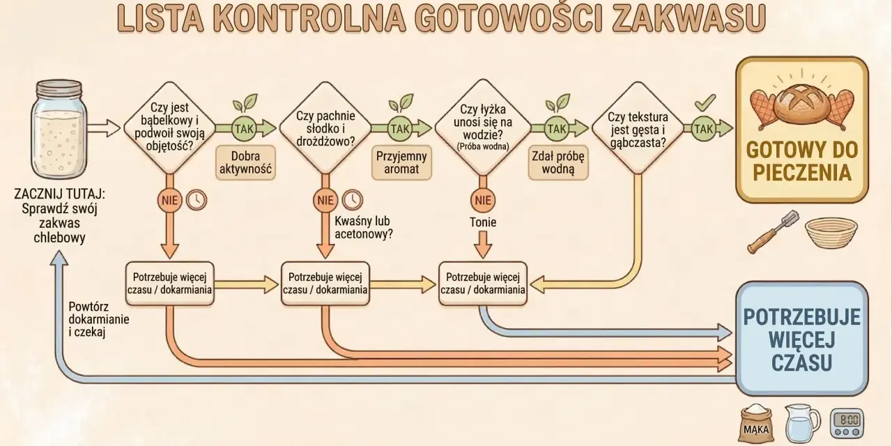 Schemat kontroli zakwasu chlebowego. Sprawdź, czy jest bąbelkowy, pachnie drożdżowo i unosi się na wodzie. Jeśli nie, potrzebuje więcej czasu na dokarmianie.