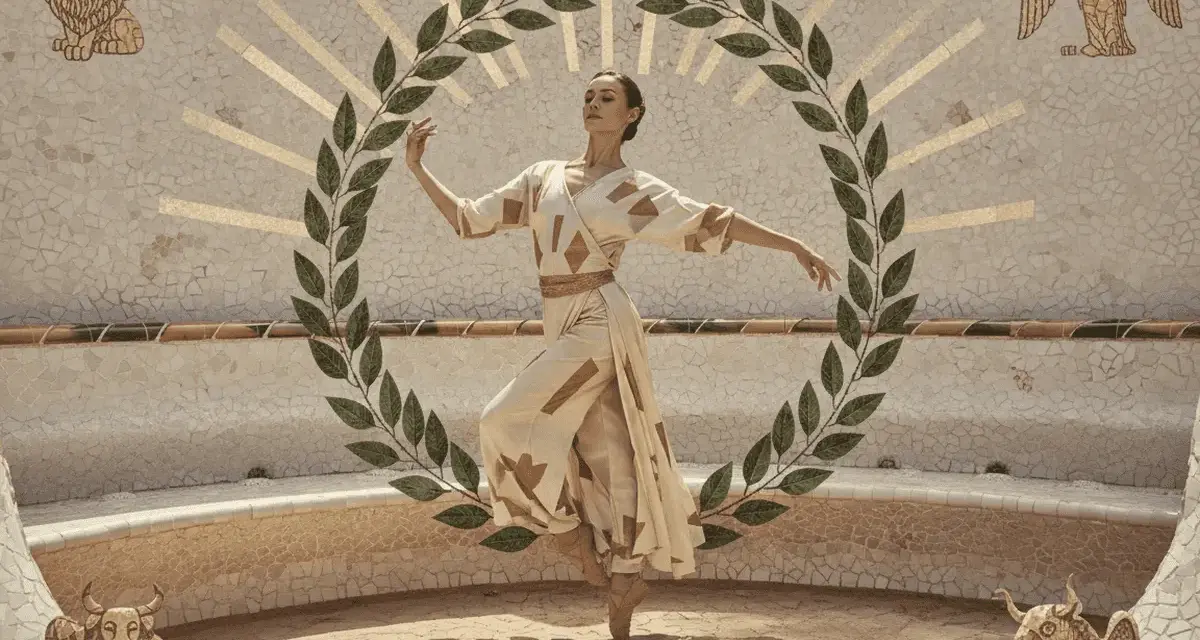 Danza de templanza y juicio, como en el tarot. Una bailarina en un círculo de laurel, rodeada de símbolos celestiales y animales.