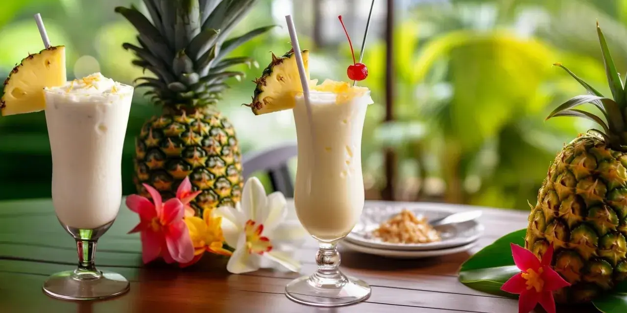 Dwa orzeźwiające drinki, które idealnie oddają, co to jest pina colada: kremowe, z ananasem i wisienką, otoczone świeżymi owocami i kwiatami.