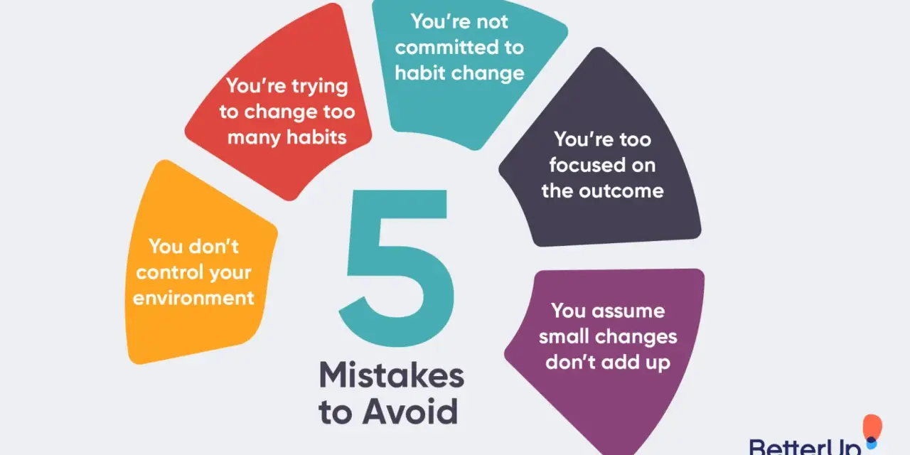5 mistakes to avoid when learning how to change your behavior: trying too many habits, not committed, focused on outcome, assuming small changes don't add up, and not controlling environment.