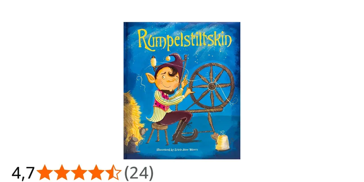 Okładka książki "Rumpelstiltskin" z wesołym skrzatem przędącym na kołowrotku.