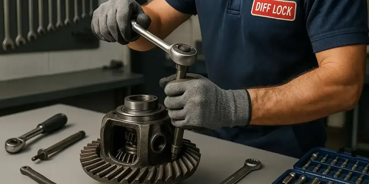Mechanik w rękawiczkach dokręca śrubę w dyfrze. Na stole narzędzia i skrzynka z nasadkami.