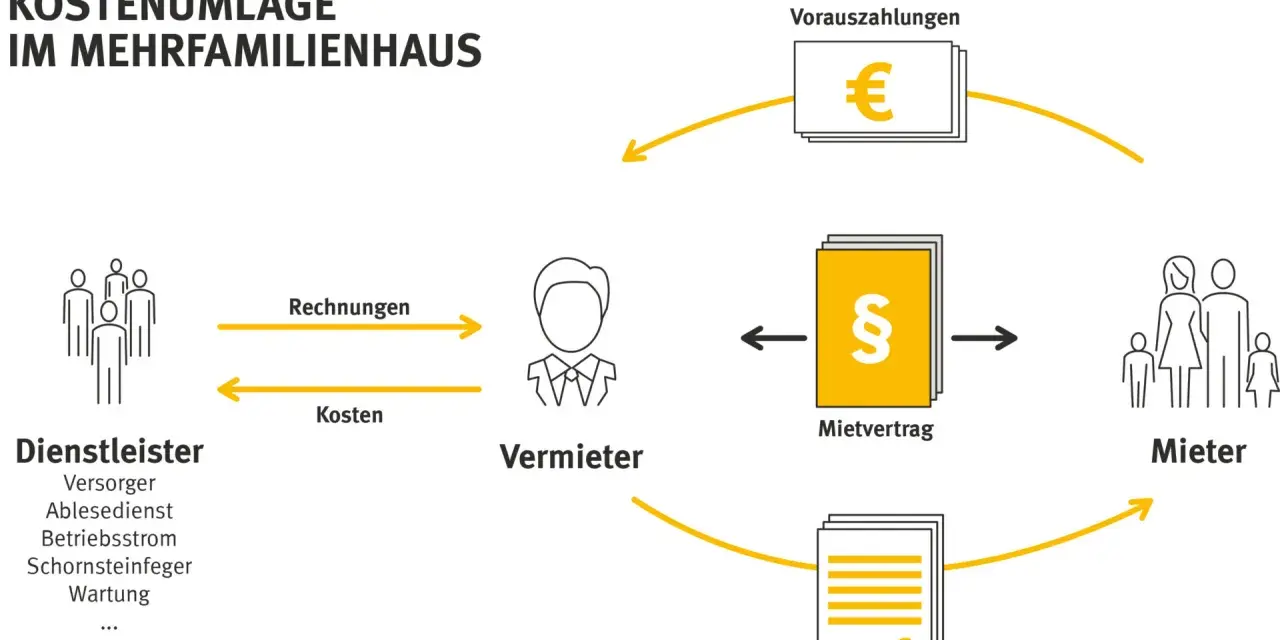 Schema zur Kostenumlage im Mehrfamilienhaus: Dienstleister, Vermieter, Mieter. Jährliche Abrechnung mit Nachzahlung und Frist beachten.