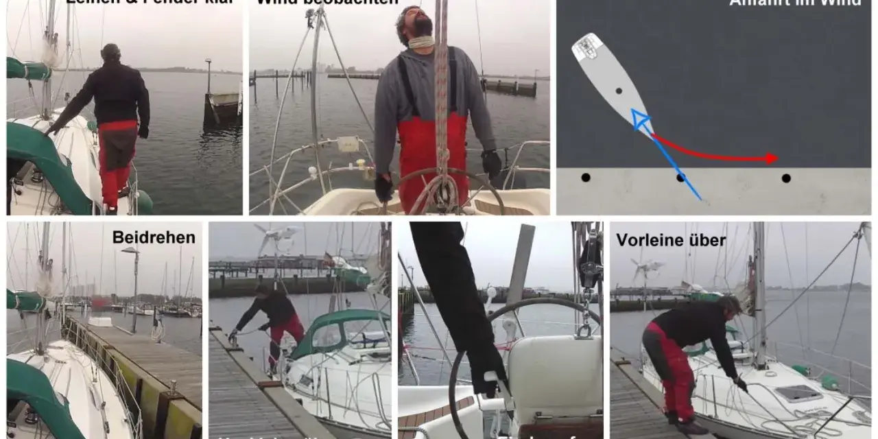 Schritt-für-Schritt-Anleitung zum Boot anlegen: Leinen und Fender vorbereiten, Wind beobachten, Anfahrt planen, Beidrehen, Heckleine und Vorleine übergeben.