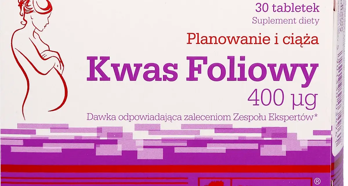 Opakowanie suplementu diety Kwas Foliowy 400 µg, zalecanego do planowania i ciąży. Wskazuje ile kwasu foliowego w ciąży jest potrzebne.