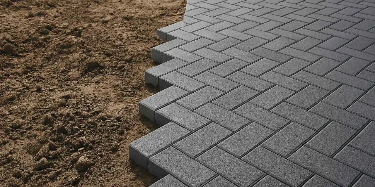 Pavimentazione in autobloccanti grigi posati a spina di pesce, con bordo a vista sulla terra. Valuta il costo autobloccanti al mq per il tuo progetto.