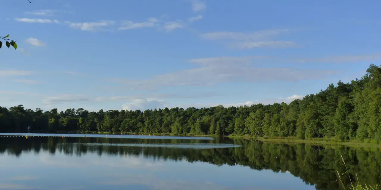 Idyllischer Bullensee in Rotenburg, umgeben von dichtem grünen Wald, spiegelt sich im ruhigen Wasser unter blauem Himmel mit Wolken.