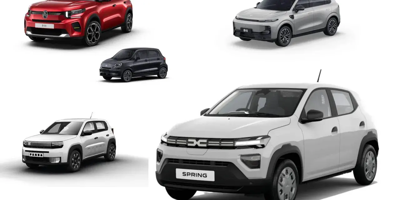 Szukasz najtańszych samochodów elektrycznych? Zobacz te modele: czerwony E-C3, czarny miejski, biały Panda, szary B10 i biały Spring.